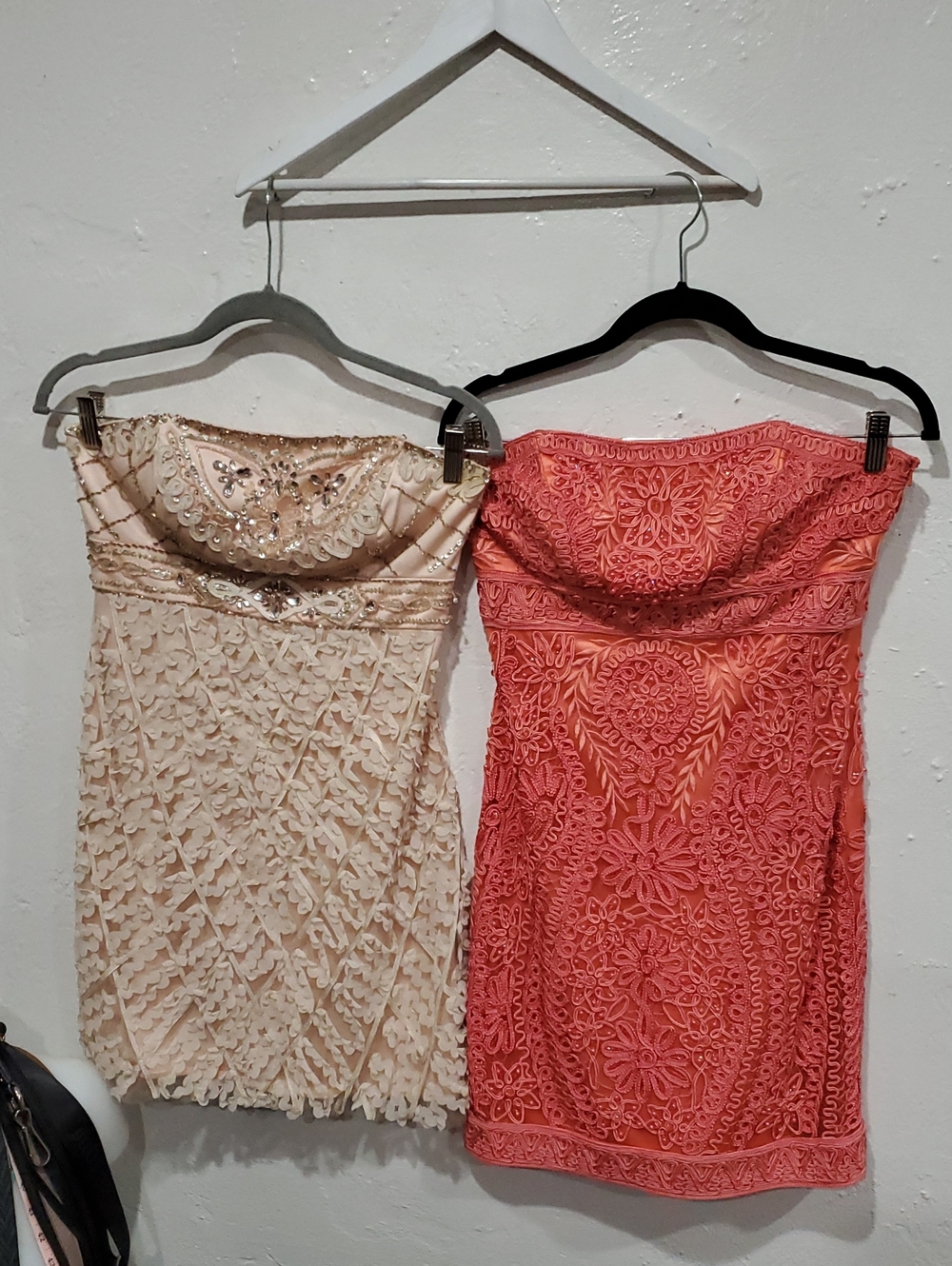 2 Sue Wong Strapless Lace Cocktail Dresses in Coral and Blush Pink Size 6